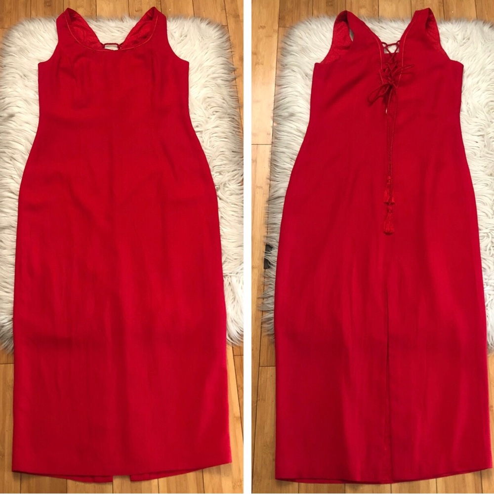 Vintage Donna Ricco Embroidered Lace Up Tassel Red Sleeveless Maxi Dress size 10